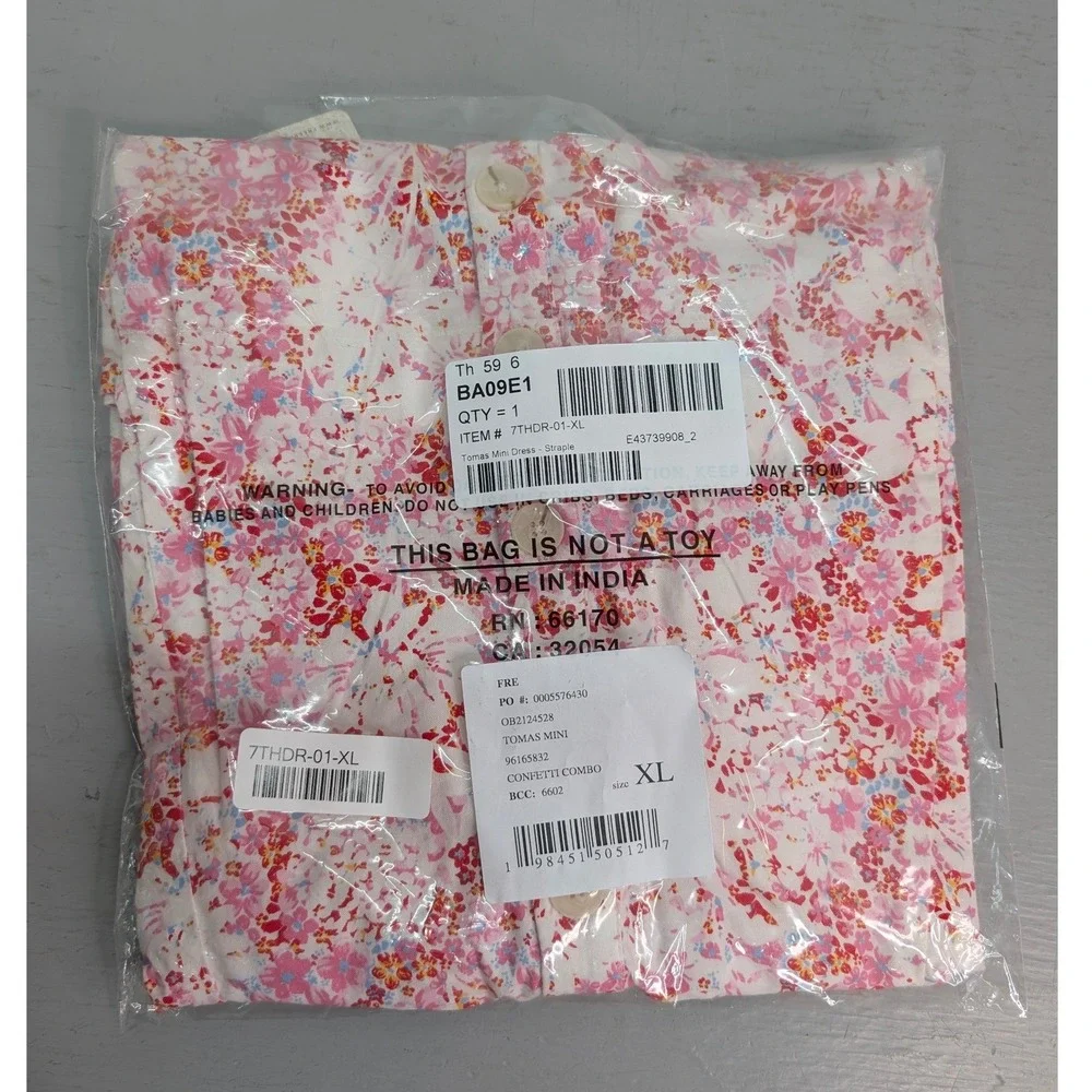 Free People Tomas Floral Strapless Mini Dress‎ Smocked Button Down Pink XL NWT